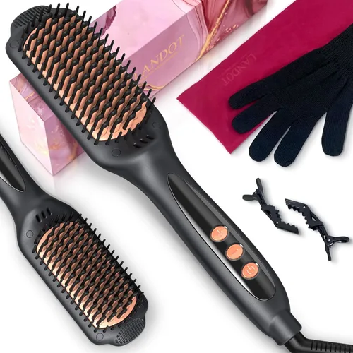 Miniatura 9 de LANDOT Cepillo alisador de cabello para cabello grueso y rizado, cepillo alisador de cerámica iónica con cerdas densas y 12 ajustes de temperatura