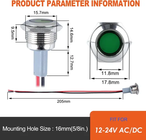 Miniatura 2 de 2 piezas de 16 mm (5/8") luz indicadora LED, 12-24V AC/DC 20mA, lámpara piloto de metal impermeable IP67 de ahorro de energía, lámpara plana de Verde
