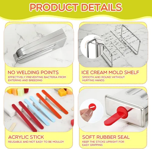 Miniatura 5 de Jingmore Moldes de acero inoxidable, 6 moldes de metal de cabeza redonda con soporte y palos reutilizables, para hacer helados de metal para yogur
