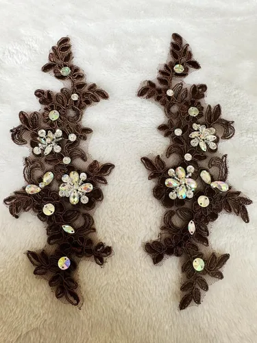 Miniatura 28 de Parches de tela de encaje fino bordados con diamantes de imitación bordados, decoración de vestido para coser en lentejuelas cuentas, accesorio