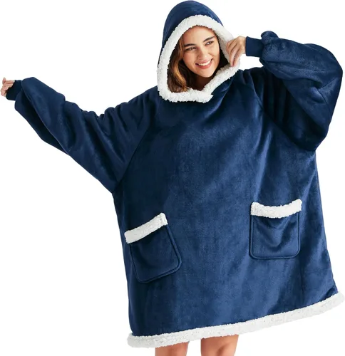 Bedsure - Manta con capucha cálida para mujer, hombre y adolescente, diseño de vellón y sherpa tipo suéter con bolsillos profundos y manga elástica,
