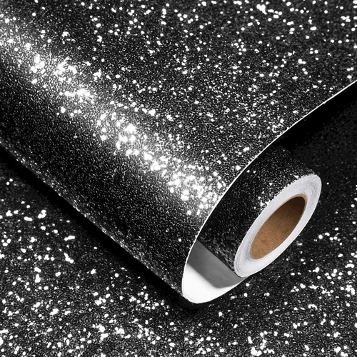Decotalk Papel tapiz con purpurina para despegar y pegar, papel de contacto con lentejuelas negras de 17.7 x 120 pulgadas, papel tapiz negro para