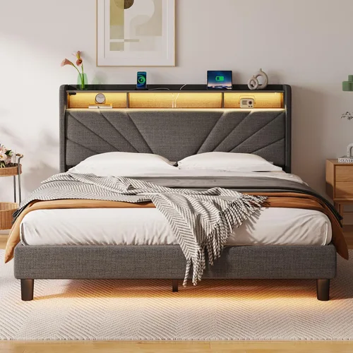 Miniatura 8 de Rolanstar Marco de cama tamaño completo, cabecera con almacenamiento con estación de carga y luces LED, cama tapizada con listones de madera Gris