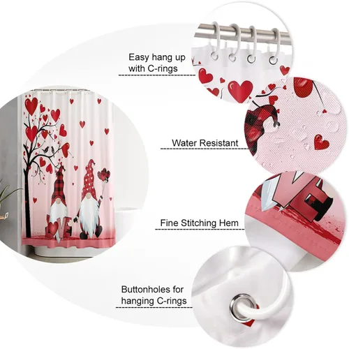 Miniatura 6 de cortina de ducha de gnomos del día de San Valentín, cortina de ducha rosa con corazones de amor para decoración de baño, juegos de cortinas de ducha