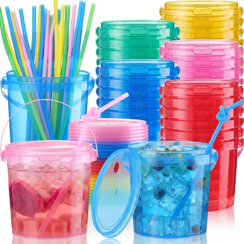Miniatura 11 de Funnymoom Paquete de 36 cubos de plástico para ron para bebidas con pajita, cubeta de cóctel para helado, con tapas y asas, recipientes de alimentos