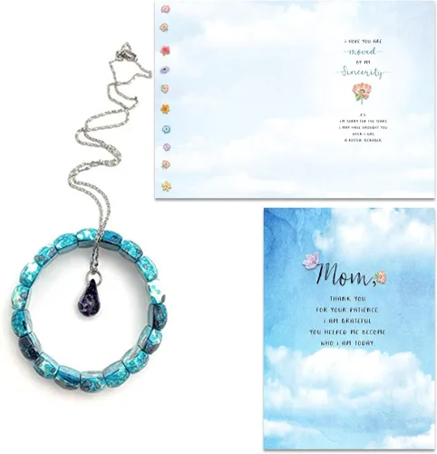 Smiling Wisdom - Madre - Tarjeta de felicitación de 5 x 7 pulgadas y set de regalo de recuerdo a juego - Mujer mamá (flor de ganancia - azul)