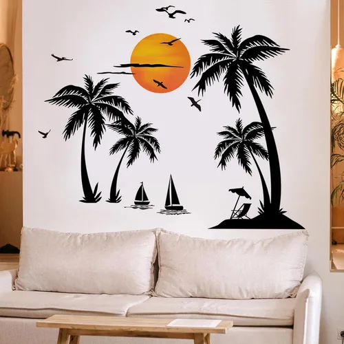 Miniatura 5 de Calcomanías de pared grandes de palmera negra, calcomanías de pared de pájaros tropicales de cocotero, mural de bosque para dormitorio, sala