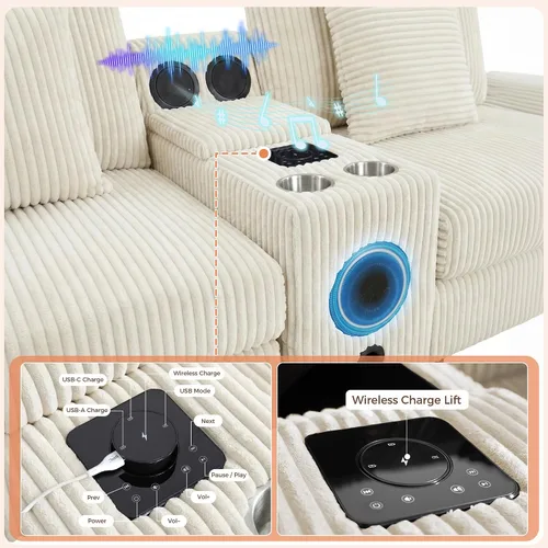 Miniatura 5 de MAKIAAP Sofá modular de pana de 83 pulgadas con altavoces, cómodo sofá biplaza de asiento profundo con otomana móvil, consola, cargador USB, Beige