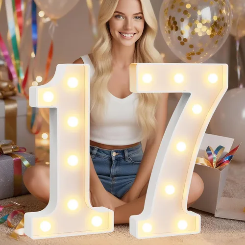 Miniatura 16 de Pooqla Letras y Números Decorativos con Luces LED, Letras y Números de Neón de Plástico Blanco para Decoración de Fiestas, Bodas, Funciona