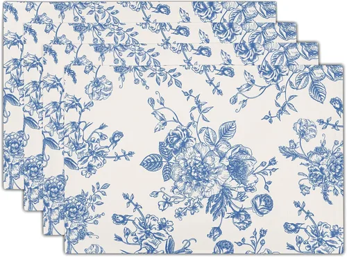 Juego de 4 manteles individuales florales azules, vintage, color azul y crema, lavables, antideslizantes, resistentes al calor, 12 x 18 pulgadas,