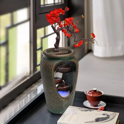 Miniatura 28 de 11.81 pulgadas Fuente de rocalla de mesa para interiores, cascada de bonsái, mini fuente de agua de rocalla con bomba automática y luz LED