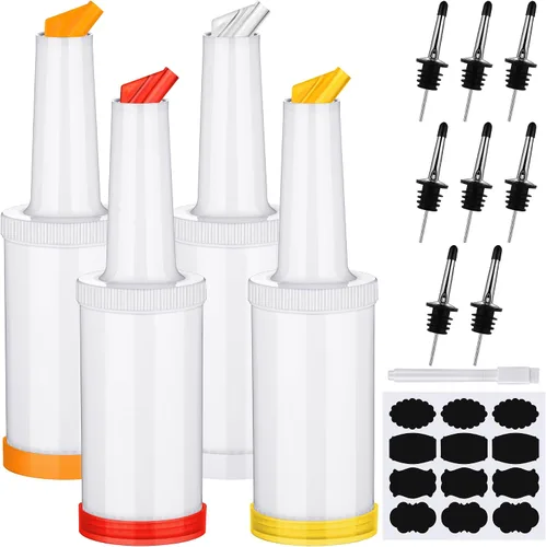 Miniatura 8 de Ruisita Paquete de 6 botellas de plástico para verter jugos de 34 onzas con 12 botellas de acero inoxidable con boquilla cónica, recipientes de jugo