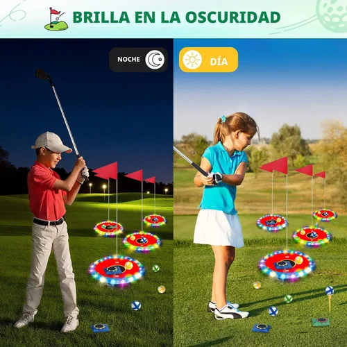 Miniatura 4 de TERRAMUS Juego de golf y lanzamiento que brilla en la oscuridad, juego de objetivos LED 2 en 1 con 2 palos, 18 bolas, 6 bolsas de frijoles, juguete