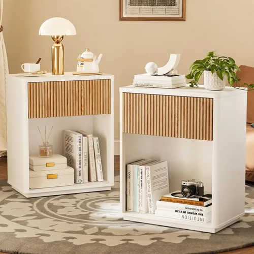 Miniatura 10 de Juego de 2 mesitas de noche acanaladas modernas para dormitorio, juego de mesita de noche de mediados de siglo con parte superior y cajón de mármol