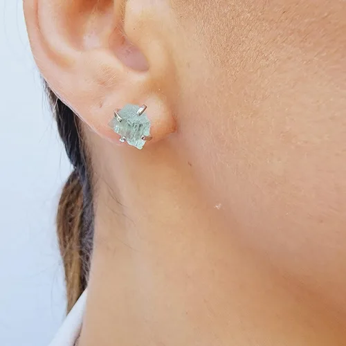 Miniatura 64 de Natural raw gemstone stud earrings with white gold over 925 sterling silver, 6 to 7mm rough genuine quality birthstone gift for her, Uniquelan