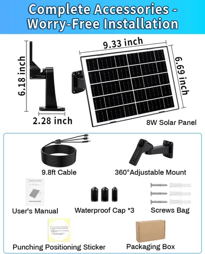 Miniatura 7 de Panel solar de 8 W para cámara de seguridad, cargador de panel solar con puertos USB-C/Micro/DC de 5 V de 0.138 in, cable de 9.8 pies y montaje