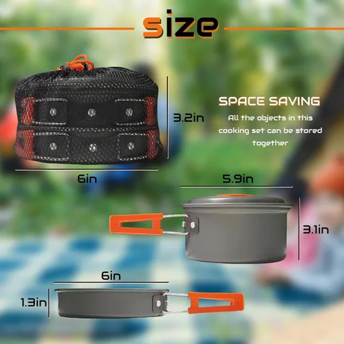 Miniatura 2 de Juego de 7 sartenes para acampar, juego de ollas y sartenes de mochila, kit de cocina de supervivencia para senderismo, picnic Naranja