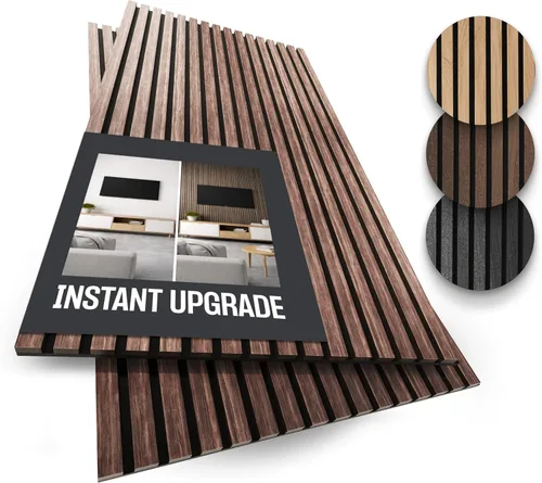 Miniatura 15 de Paquete de 2 paneles de listones de madera acústica - Paneles de pared insonorizados para decoración de interiores Nogal natural.