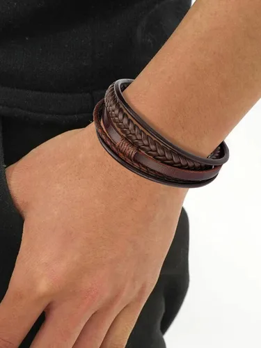 Miniatura 2 de Pulseras de cuero para hombre, pulseras de cuero trenzado multicapa con cierre magnético, pulsera ajustable para niños