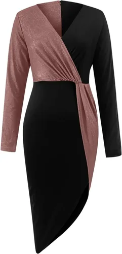 Miniatura 2 de Vestidos de otoño para mujer, casual, con bloques de color, cuello en V, sin botones, diadema, cremallera, ropa de vestir irregular, S-3XL