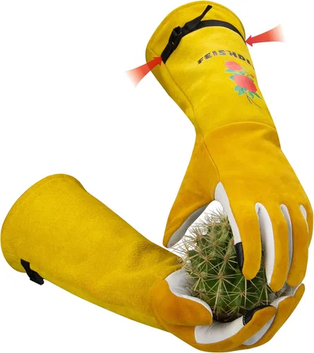Guantes de jardín para mujeres/hombres, a prueba de espinas, gamuza de piel de ciervo, 2 capas de cuero para poda de rosas, guantes largos de