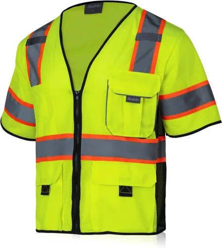Chaleco de malla de seguridad de alta visibilidad para hombre con 10 bolsillos, chaleco reflectante Hi Vis, clase 3, ropa de trabajo con cremallera