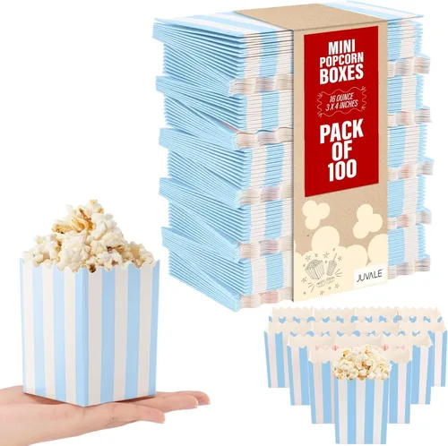 Juvale Mini cajas de palomitas de maíz, paquete de 100 unidades, recipientes pequeños para palomitas de maíz a rayas azules y blancas para recuerdos