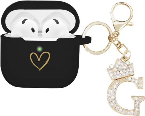 Miniatura 14 de Compatible con AirPods 4 Cover 2024, funda de silicona suave con patrón de corazón dorado para 4ª generación, llavero de letra A-Z con diamantes
