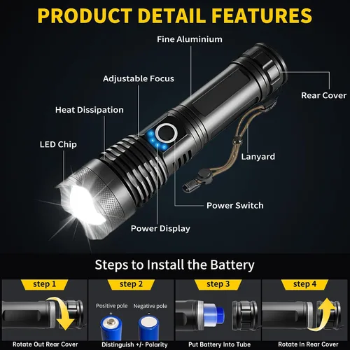 Miniatura 6 de Paquete de 4 linternas recargables de alto lúmenes, linterna LED súper brillante con 5 modos, linternas tácticas ajustables impermeables de alta