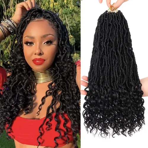 Leeven 7 Paquetes Cabello Crochet Faux Locs con Puntas Rizadas 14 Pulgadas Pre-enrollado Goddess Locs Trenzas Crochet Cabello 84 Hebras Negro