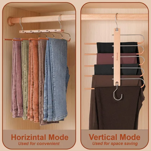 Miniatura 5 de Perchas para pantalones que ahorran espacio, paquete de 2 – 5 capas antideslizantes de madera multi pantalones perchas ahorro de espacio, diseño