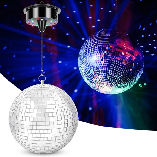 Meagoo Bola de discoteca con motor y luz, bola de espejo colgante de 8 pulgadas y motor giratorio alimentado por baterías de 6 RPM con 4 colores de