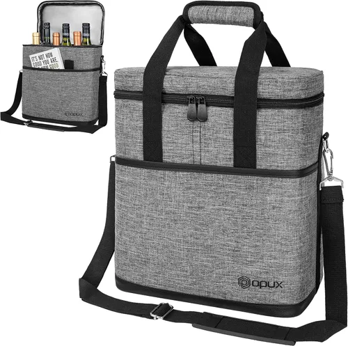 Miniatura 10 de Opux Bolsa térmica de vino con aislamiento para 4 botellas, a prueba de fugas, portátil, para viajes, picnic, regalo BYOB (negro)