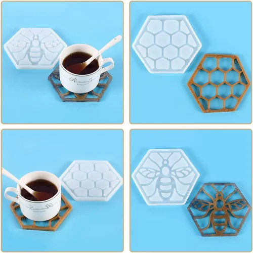 Miniatura 8 de Paquete de 2 moldes hexagonales de resina de silicona de grado alimenticio para fundición epoxi, soporte para tazas de automóvil, bandeja de ágata