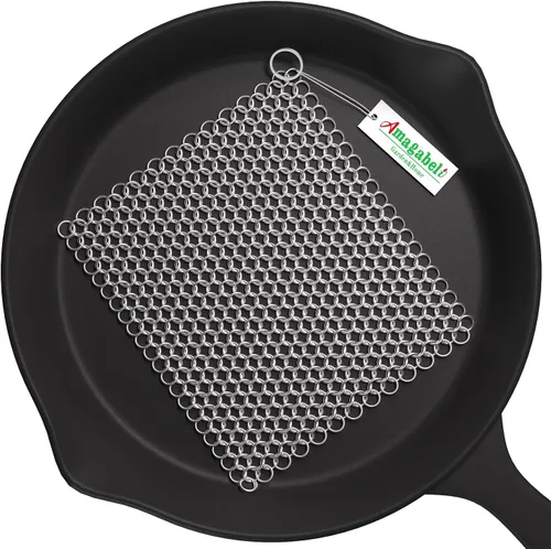 Amagabeli Limpiador de Hierro Fundido 20,3 cm x 15,2 cm, Estropajo de Cadena de Acero Inoxidable 316L, Limpiador de Sartén de Hierro Fundido para