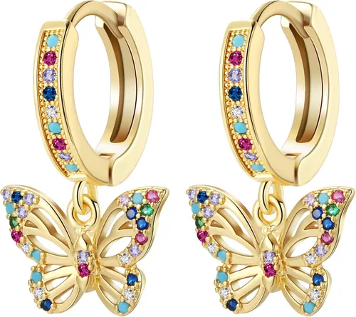 PWUEITR Butterfly Earrings for Women Girls Small Gold Hoop Earrings with Charms Zircon Star Moon Huggie Dangle Earrings Valentine's Day Wedding