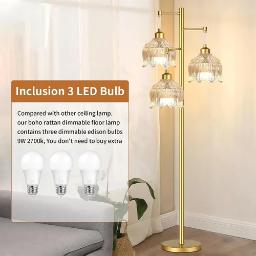 Miniatura 4 de ILLMTW Lámpara de Pie Dorada para Sala de Estar, Dormitorio, Lámpara de Pie Moderna de Mediados de Siglo Lámpara de Pie de Latón Árbol de 3 Luces