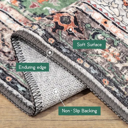 Miniatura 4 de Alfombra de área de 5 x 7 pies para sala de estar, alfombra verde boho antideslizante lavable, alfombra vintage de pelo bajo, alfombra grande
