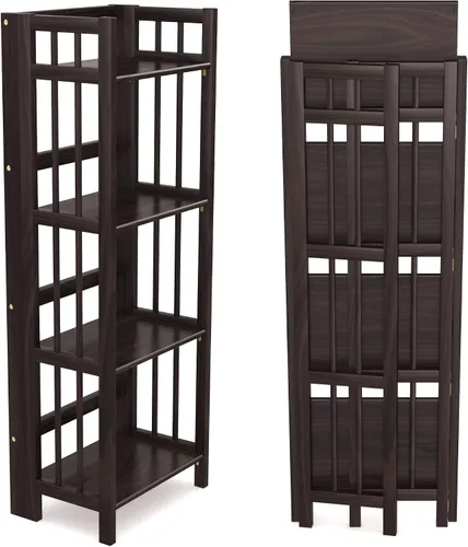 Estantería plegable de 4 niveles | Acabado de madera espresso | 45 x 16 x 11.5 pulgadas | Estante para libros y baratijas | No requiere montaje |