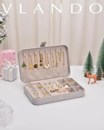 Miniatura 7 de Vlando Joyero de viaje para mujer, caja organizadora de joyas de cuero portátil para collares, aretes, anillos, pulseras, tamaño pequeño, regalos