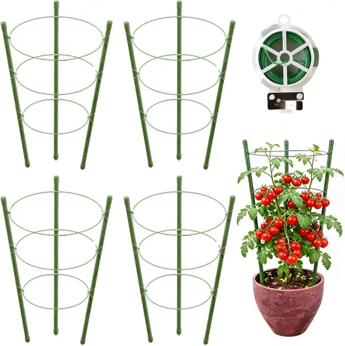 Paquete de 4 jaulas de tomate, jaulas de soporte de plantas de 18 pulgadas para jardín, estacas de plantas de jardín mejoradas con anillos