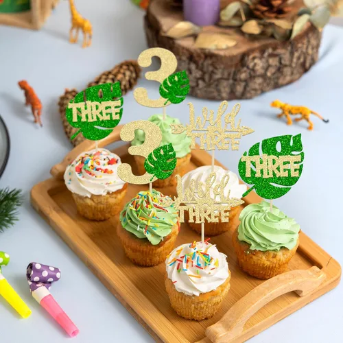 Miniatura 7 de Paquete de 24 adornos para cupcakes de hojas de Monstera con purpurina de safari en la selva, tres púas para cupcakes número 3, decoración de Green-3