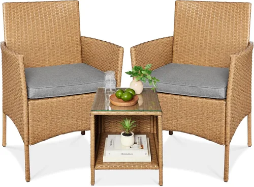 Miniatura 25 de Best Choice Products Juego de 3 piezas de mimbre para conversación al aire libre, muebles de patio que ahorran espacio para jardín con mesa