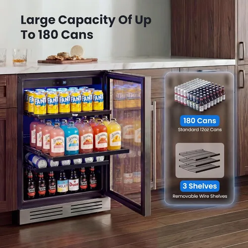 Miniatura 3 de Yeego Refrigerador de bebidas y refrigerador de bebidas, 24 pulgadas, 180 latas, puerta de vidrio, 34-54℉ bajo mostrador, refrigerador integrado