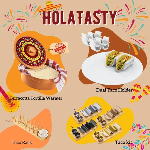 Miniatura 8 de Kit de Soportes para Tacos, Set 3-en-1 - Soporte para Concha de Taco + Bandeja de Servicio + Taza para Salsa, Plato de Presentación para Tacos