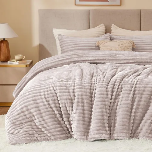 Miniatura 34 de BEDELITE - Juego de edredón de forro polar tamaño individual: ropa de cama supersuave y cálida en color beige, juego de cama de lujo esponjoso