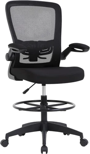 Miniatura 9 de Silla de oficina alta, de altura ajustable, con soporte lumbar y brazos abatibles; silla de respaldo de malla con reposapiés. Banco para escritorio
