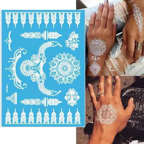 Miniatura 10 de 6 hojas de tatuajes temporales de henna negra para mujeres y niñas, calcomanías de tatuaje falsas de encaje, misterioso, sexy, mandala, flor, diseño