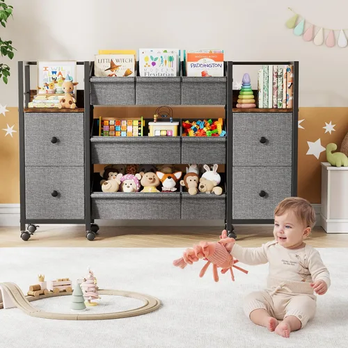 Miniatura 6 de Organizadores de juguetes y contenedores de almacenamiento para niños, 7 contenedores de almacenamiento + 4 cajones de tela + 2 estanterías