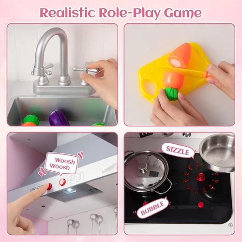 Miniatura 4 de INFANS Juego de cocina de madera para niños, juego de cocina de simulación para niños pequeños con luz y sonido realistas, estufa, fregadero